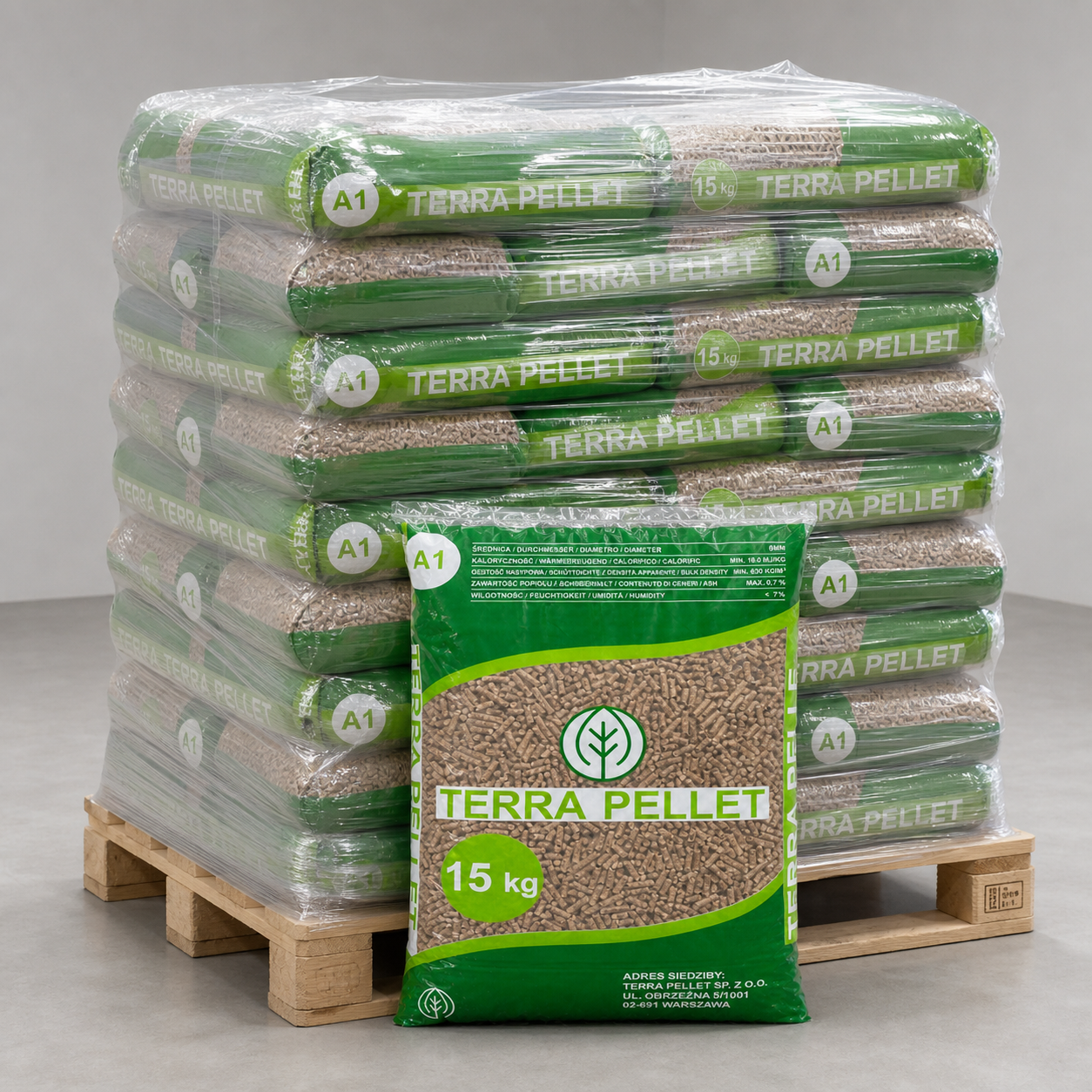 terra pellet paleta Pellet drzewny Terra Pellet A1 6 mm – worek 15 kg